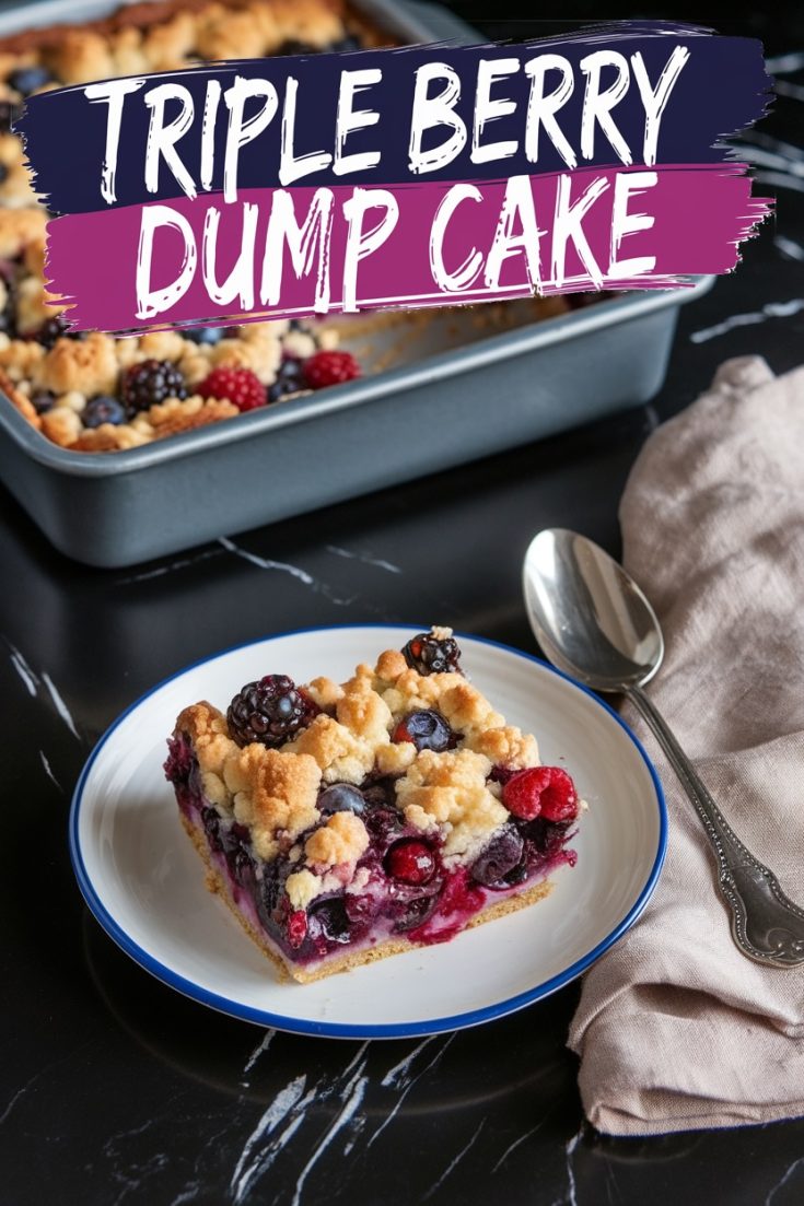 A plated slice of triple berry dump cake with a crumbly, golden topping and berry filling, placed on a white plate with a blue rim. The background features a baking pan of the cake and a beige napkin with a silver spoon on a black marble countertop. Overlay text reads “Triple Berry Dump Cake.”