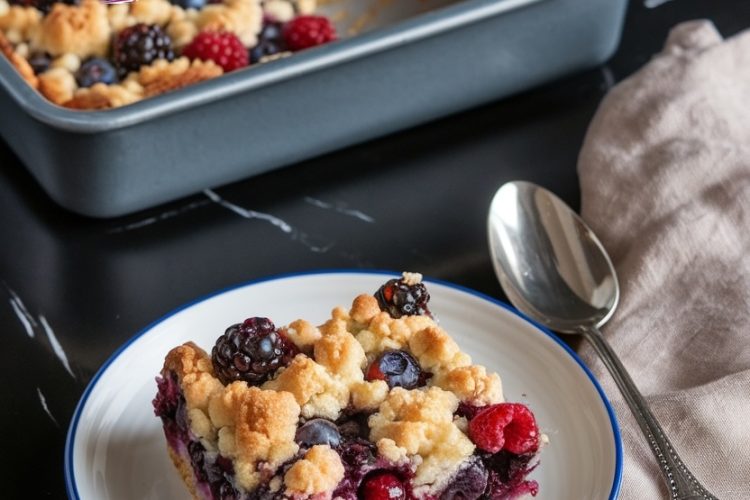 A plated slice of triple berry dump cake with a crumbly, golden topping and berry filling, placed on a white plate with a blue rim. The background features a baking pan of the cake and a beige napkin with a silver spoon on a black marble countertop. Overlay text reads “Triple Berry Dump Cake.”
