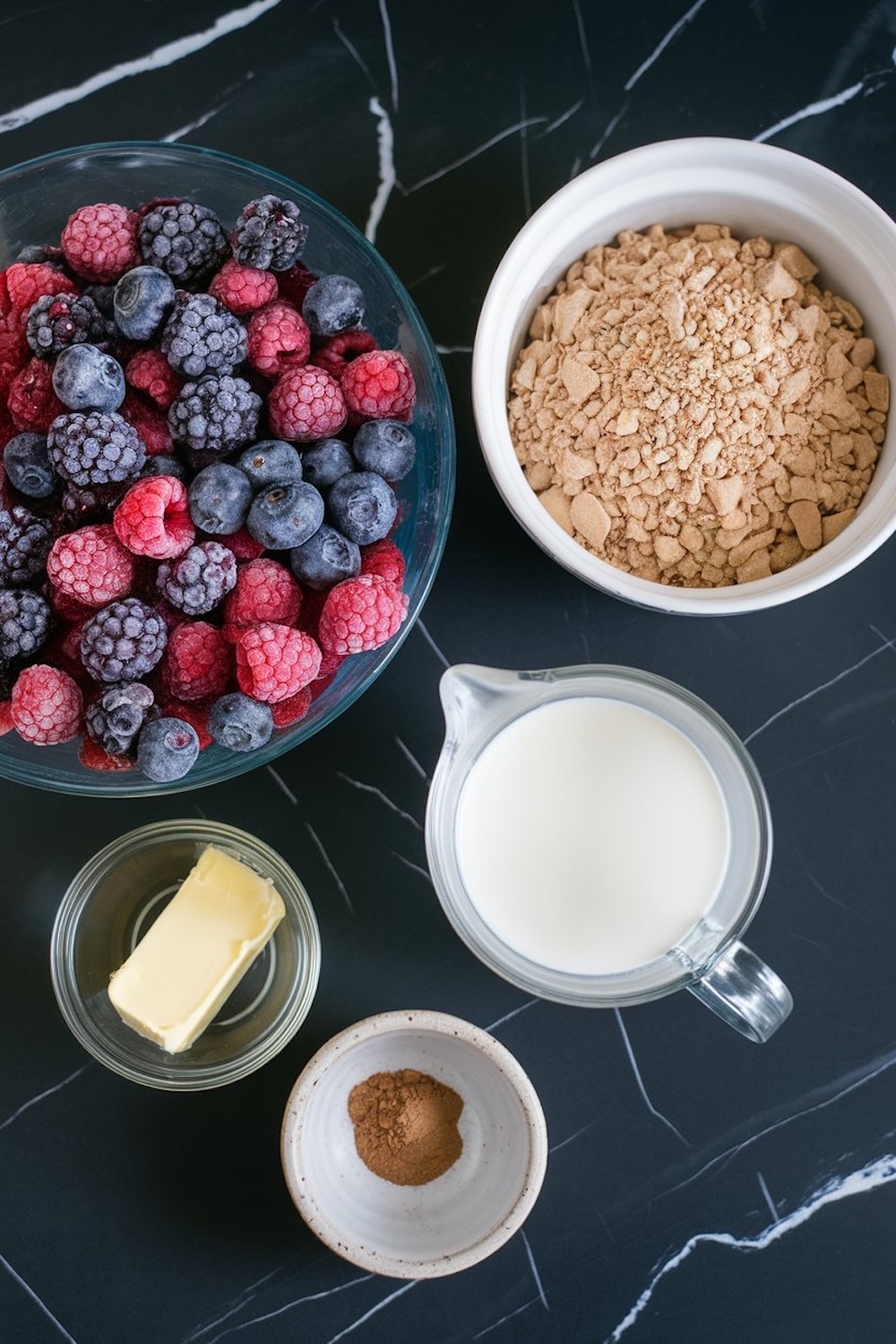 Ingredients for a triple berry dump cake, including a bowl of frozen mixed berries (blueberries, raspberries, blackberries), a bowl of cake mix, a stick of butter, a small bowl of cinnamon, and a measuring cup of milk, arranged on a sleek black marble background.