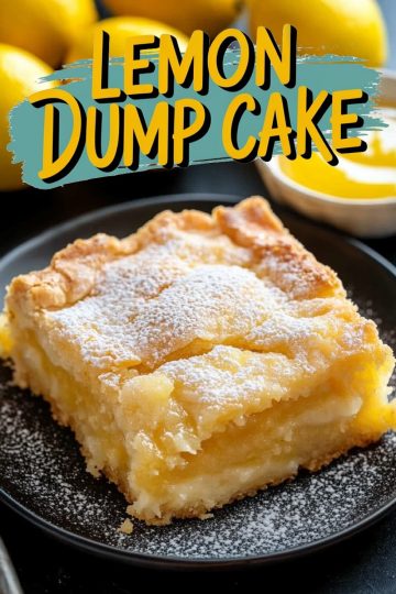 A close-up of a single slice of lemon dump cake on a black plate, dusted with powdered sugar. The vibrant yellow filling contrasts with the golden crust. Overlay text reads: “Lemon Dump Cake.” Fresh lemons and lemon sauce appear blurred in the background.