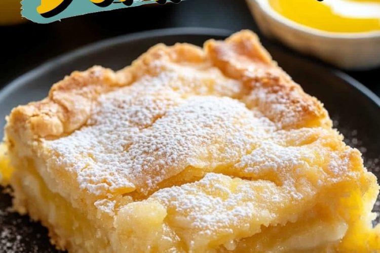 A close-up of a single slice of lemon dump cake on a black plate, dusted with powdered sugar. The vibrant yellow filling contrasts with the golden crust. Overlay text reads: “Lemon Dump Cake.” Fresh lemons and lemon sauce appear blurred in the background.