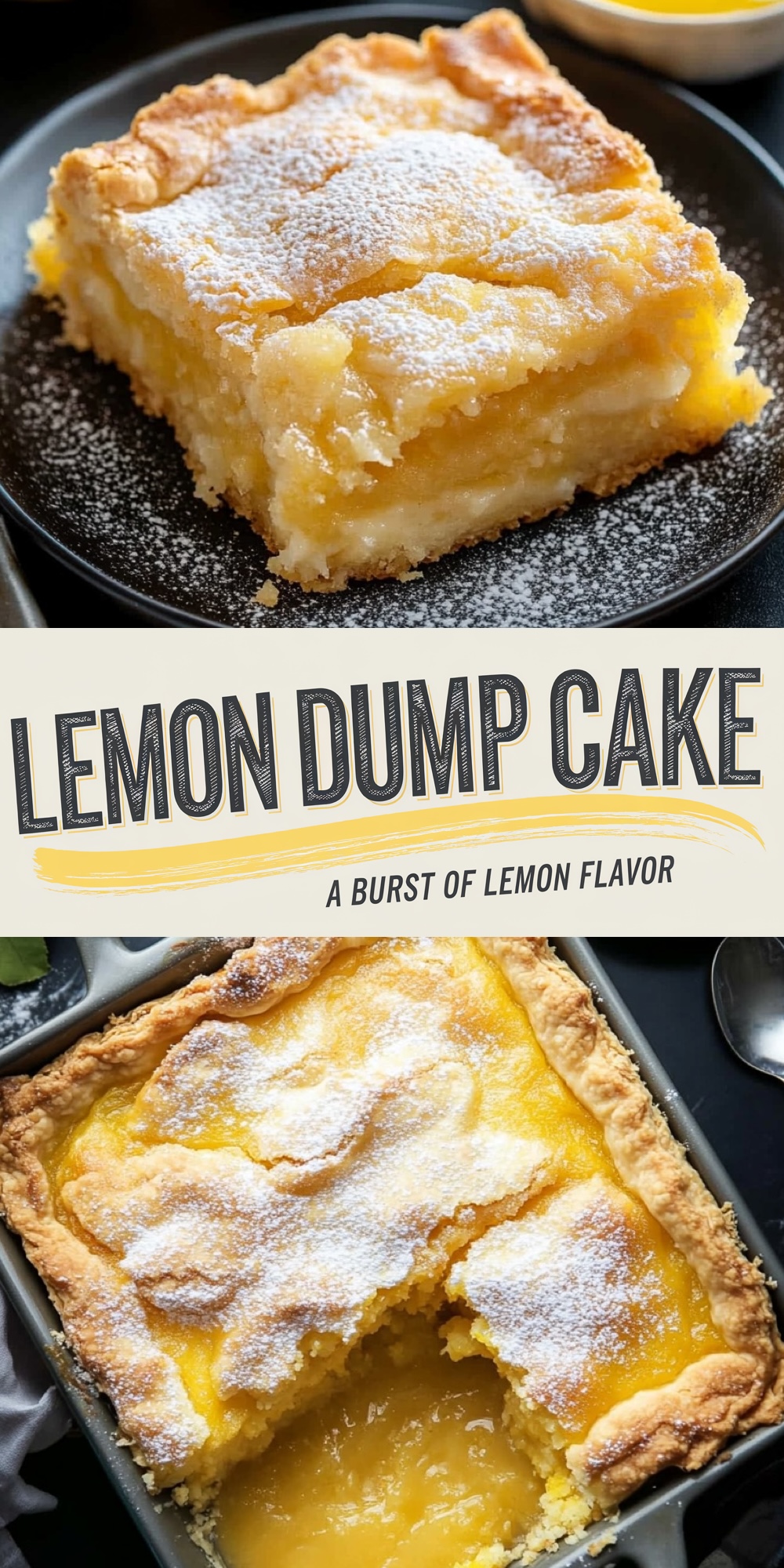 A slice of lemon dump cake with a golden crust, powdered sugar topping, and layers of gooey lemon filling. The cake is served on a black plate with a dusting of powdered sugar. Overlay text reads: “Lemon Dump Cake - A Burst of Lemon Flavor.”