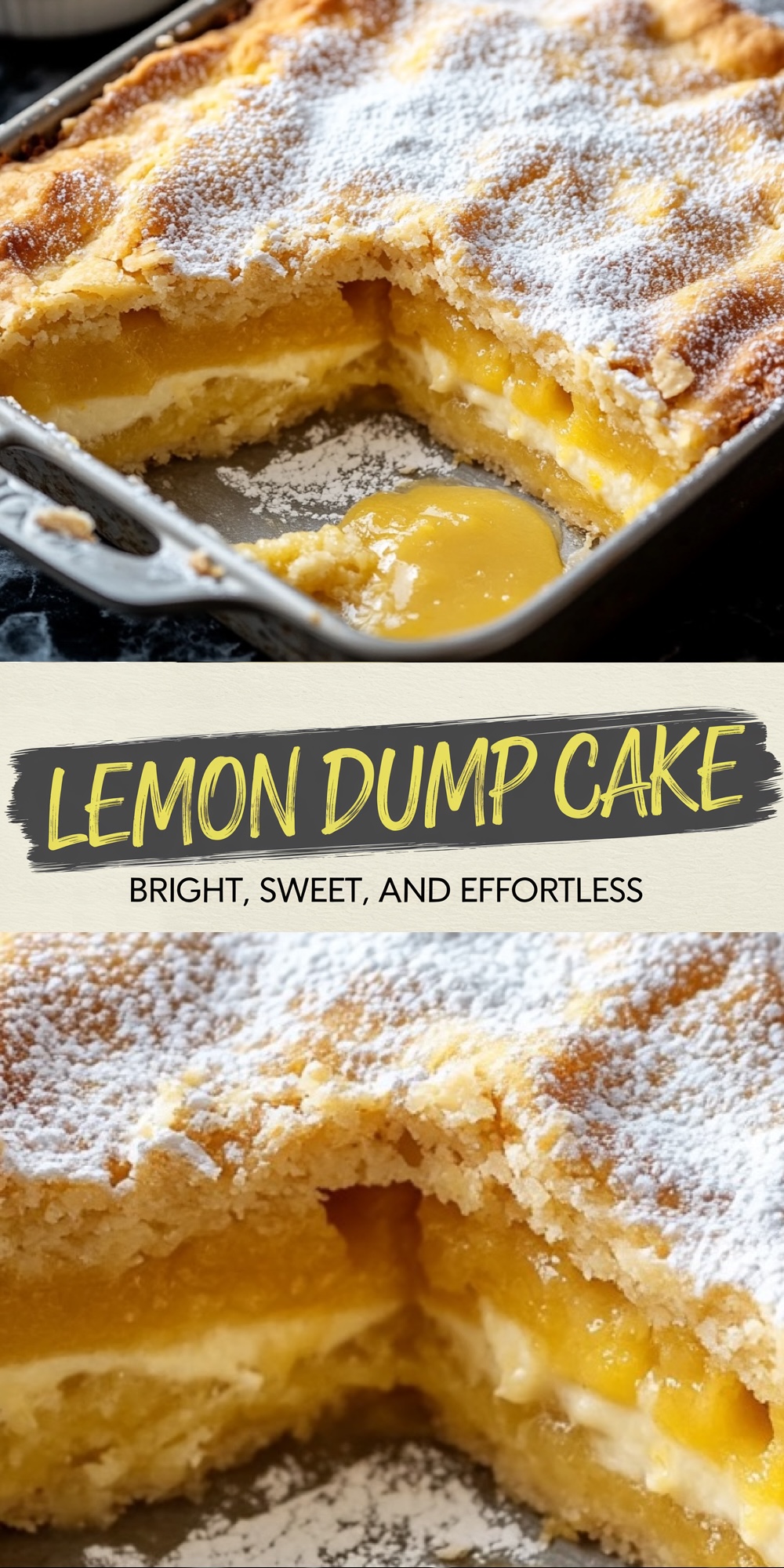 A close-up of a lemon dump cake in a baking dish, with a golden, flaky crust dusted in powdered sugar and a vibrant, gooey lemon filling. The bottom image zooms in further, highlighting the bright yellow layers. Overlay text says: “Lemon Dump Cake - Bright, Sweet, and Effortless.”