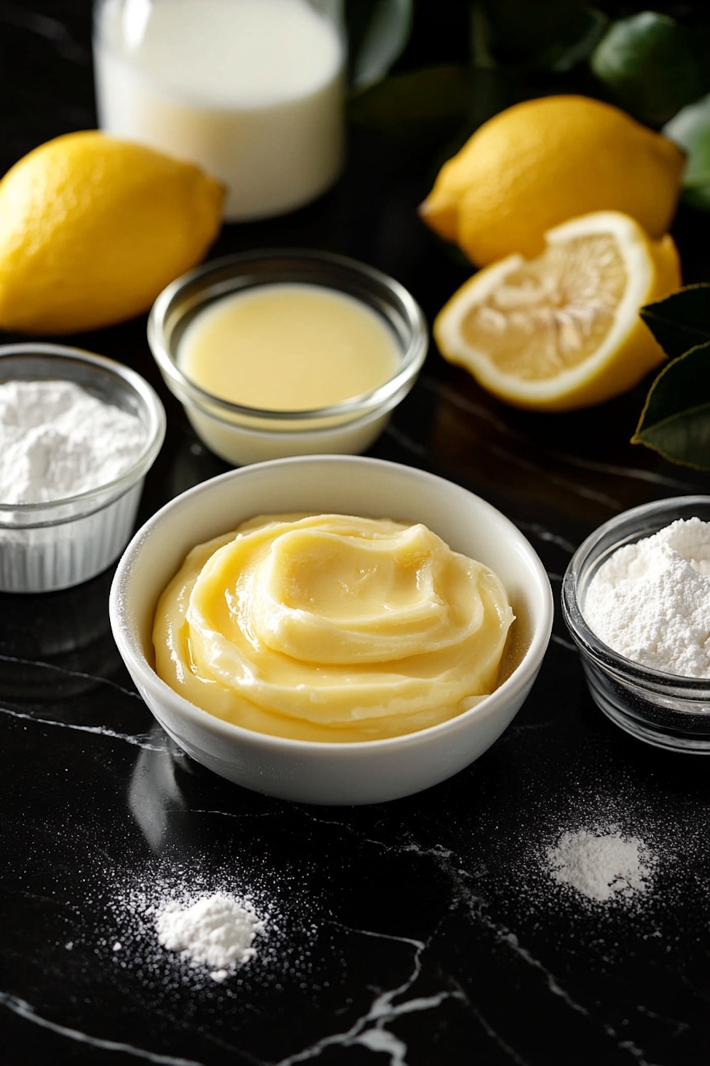 Flat lay of ingredients for lemon dump cake, including fresh lemons, lemon curd, powdered sugar, milk, and flour, all displayed on a black marble countertop.