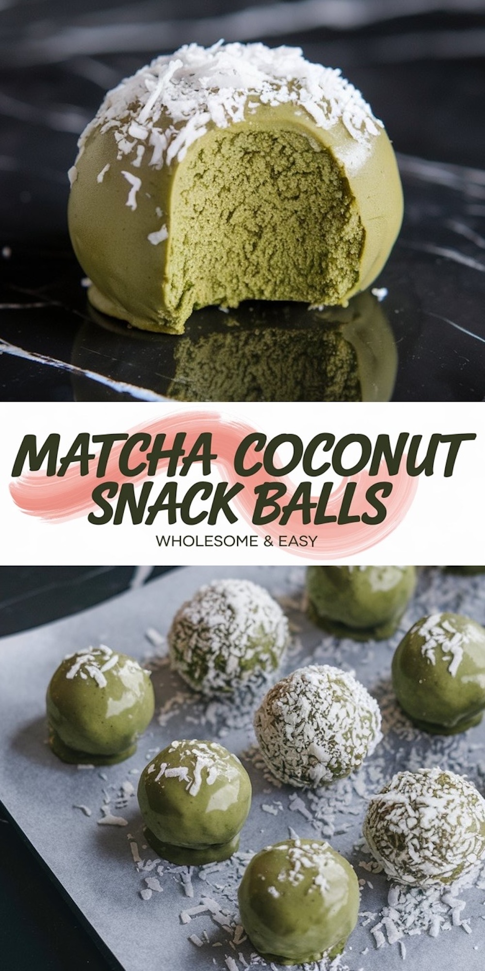 Collage of matcha coconut snack balls: the top image shows a close-up of a single green ball with a bite taken out, revealing a soft, moist texture, while the bottom image displays multiple balls on parchment paper coated in shredded coconut.
 3.	A tray of no-bake matcha coconut balls lined up on parchment paper, each coated with a glossy green matcha glaze an