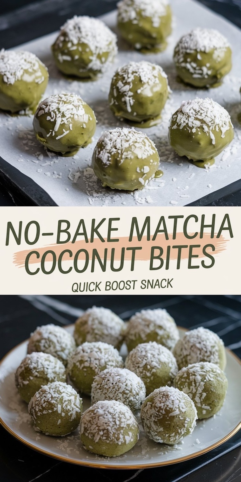 Collage of matcha coconut bites: the top image features balls elegantly displayed on a white pedestal plate, while the bottom image highlights the preparation process with freshly dipped green balls on parchment paper next to a bowl of matcha glaze.
