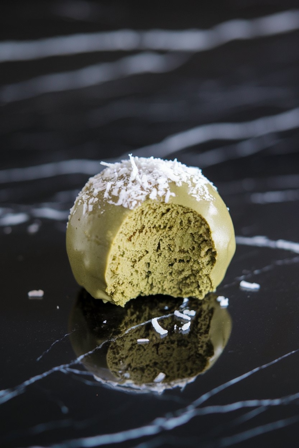 Close-up of a single matcha coconut snack ball with a bite taken out, revealing its fluffy, green interior and topped with a sprinkle of shredded coconut for a decorative finish.