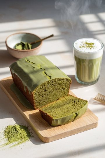 A beautifully styled matcha pound cake on a wooden board, sliced to reveal its vibrant green interior and topped with a smooth matcha glaze. The setup includes a steaming matcha latte in a glass and a bowl of matcha powder in the background, with sunlight casting soft shadows, creating a warm and inviting scene perfect for highlighting the cake's earthy flavors and aesthetic appeal.