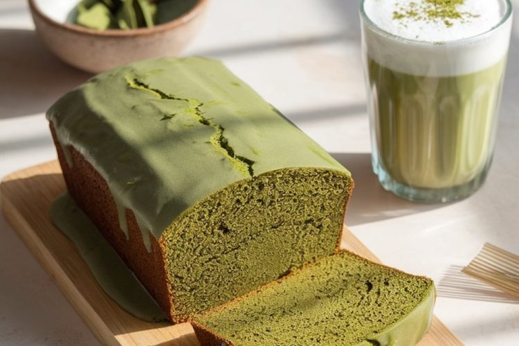 A beautifully styled matcha pound cake on a wooden board, sliced to reveal its vibrant green interior and topped with a smooth matcha glaze. The setup includes a steaming matcha latte in a glass and a bowl of matcha powder in the background, with sunlight casting soft shadows, creating a warm and inviting scene perfect for highlighting the cake's earthy flavors and aesthetic appeal.