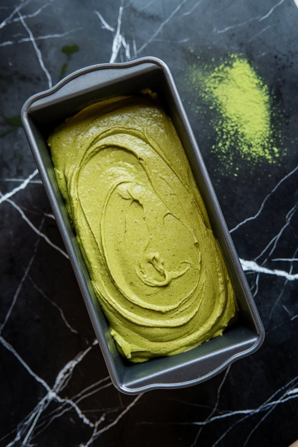 A loaf pan filled with smooth, unbaked matcha cake batter. The batter is swirled evenly, with a sprinkle of matcha powder on the black marble background.