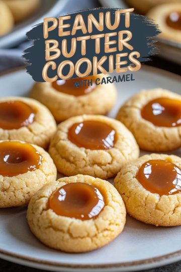 A plate of peanut butter cookies filled with caramel. The cookies have a soft, golden-brown exterior with smooth, glossy caramel in the center. The arrangement emphasizes the homemade and delicious appeal.
