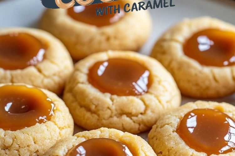 A plate of peanut butter cookies filled with caramel. The cookies have a soft, golden-brown exterior with smooth, glossy caramel in the center. The arrangement emphasizes the homemade and delicious appeal.