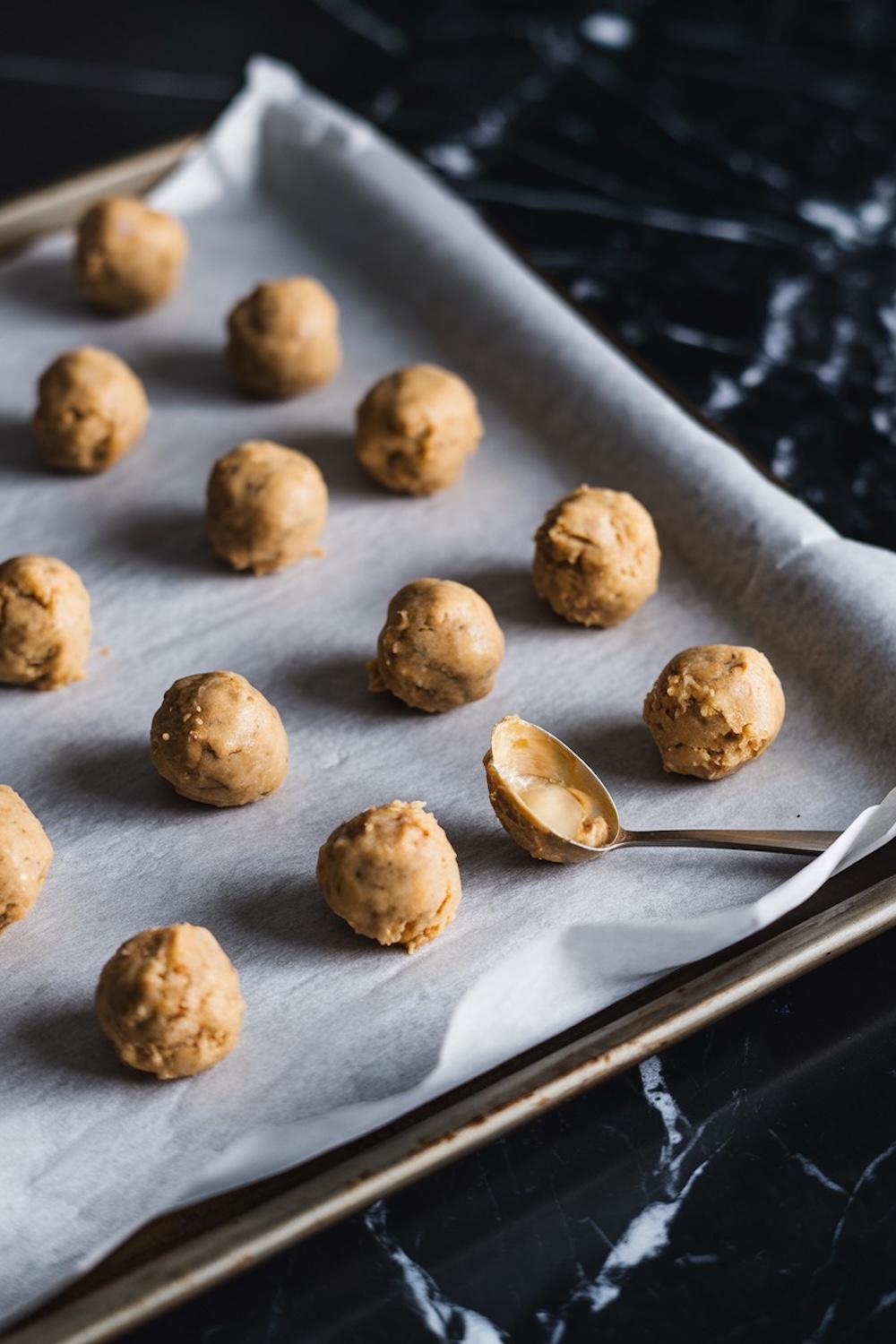 Raw peanut butter cookie dough balls evenly spaced on a parchment-lined baking sheet. A small spoon is used to scoop and shape the dough, ready for baking, with a dark marble countertop in the background.