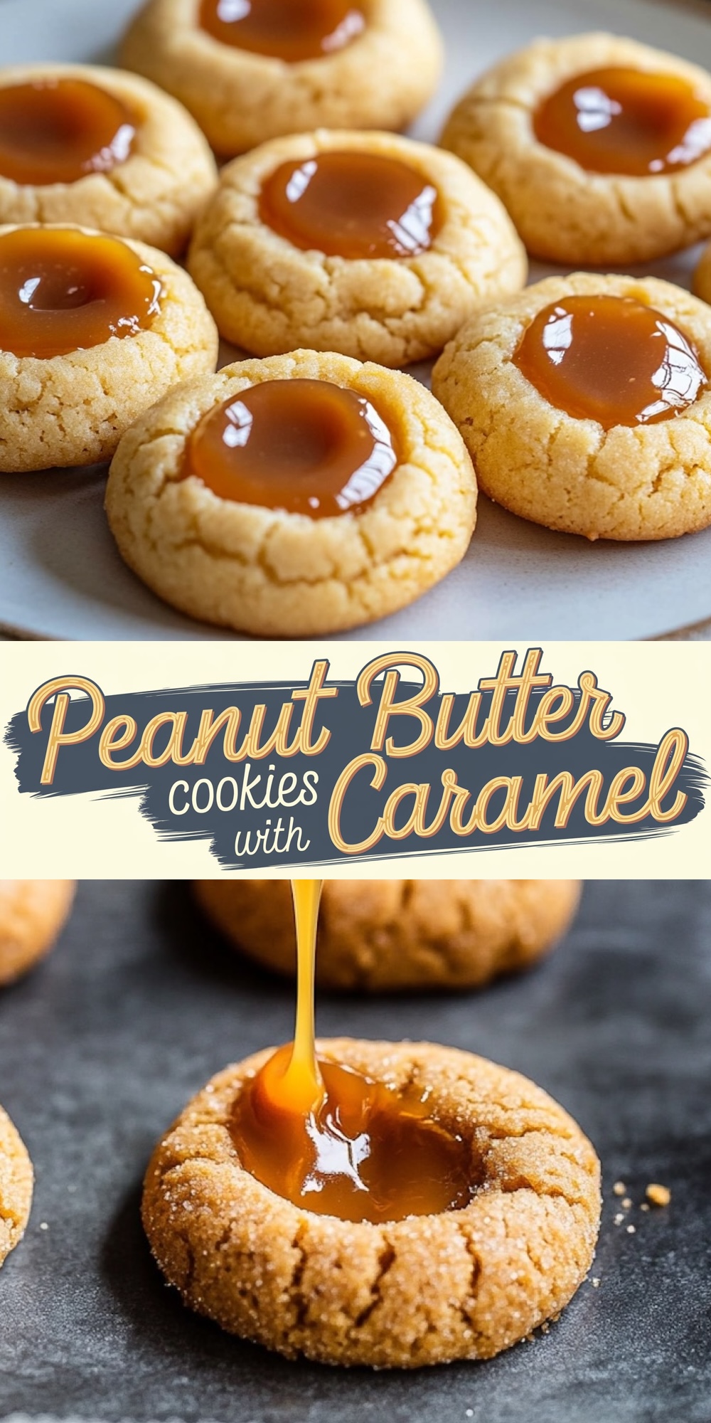 A collage featuring peanut butter cookies filled with caramel. The top view shows golden, soft cookies with a shiny caramel center arranged on a plate. The bottom view highlights caramel being poured into the cookie’s indentation, emphasizing their gooey texture and rich filling.