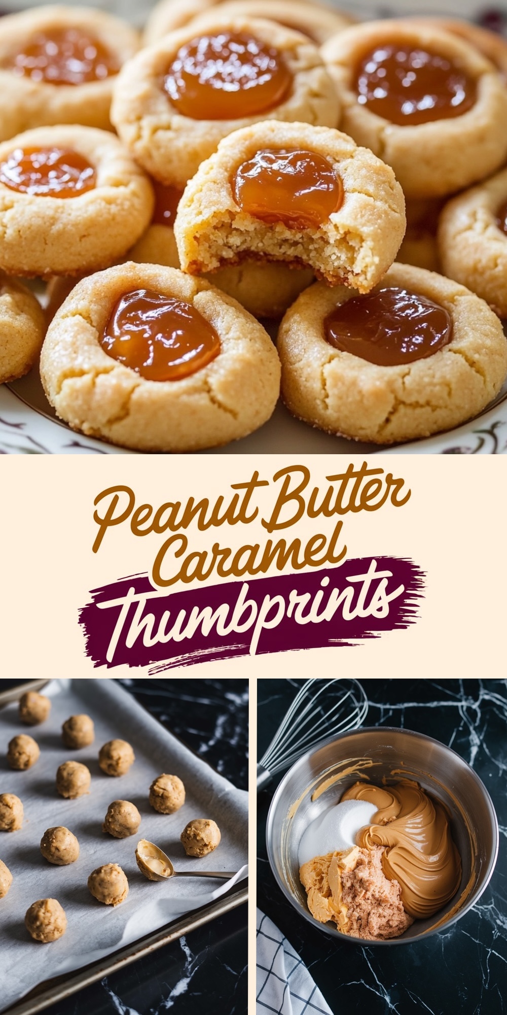 A collage showcasing the process and final look of peanut butter caramel thumbprint cookies. The top view displays cookies with a bite taken out of one, revealing the chewy, crumbly texture. Below, step-by-step visuals show raw dough balls on a baking sheet and ingredients in a mixing bowl, such as peanut butter and sugar.