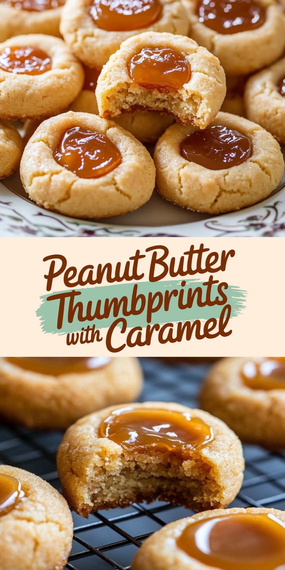 A collage highlighting baked peanut butter thumbprint cookies with caramel centers. The top image shows cookies with a bite missing, showcasing the soft, chewy interior and gooey caramel. The bottom view displays cookies cooling on a wire rack, emphasizing the rich texture and golden color.