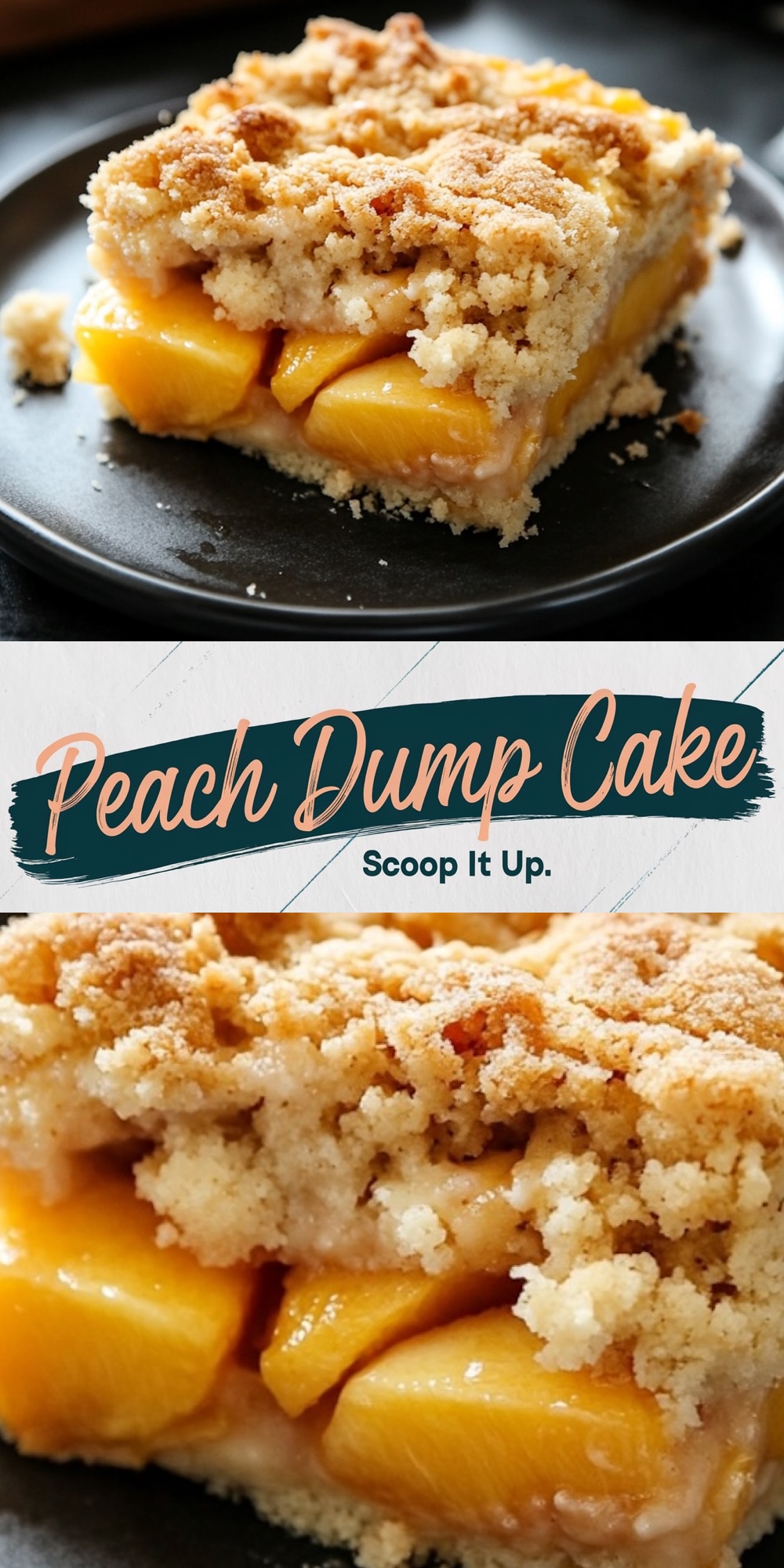 A slice of peach dump cake on a black plate, showcasing layers of soft baked peaches and crumbly golden topping. The juicy peach filling contrasts with the buttery crust for a delicious presentation.