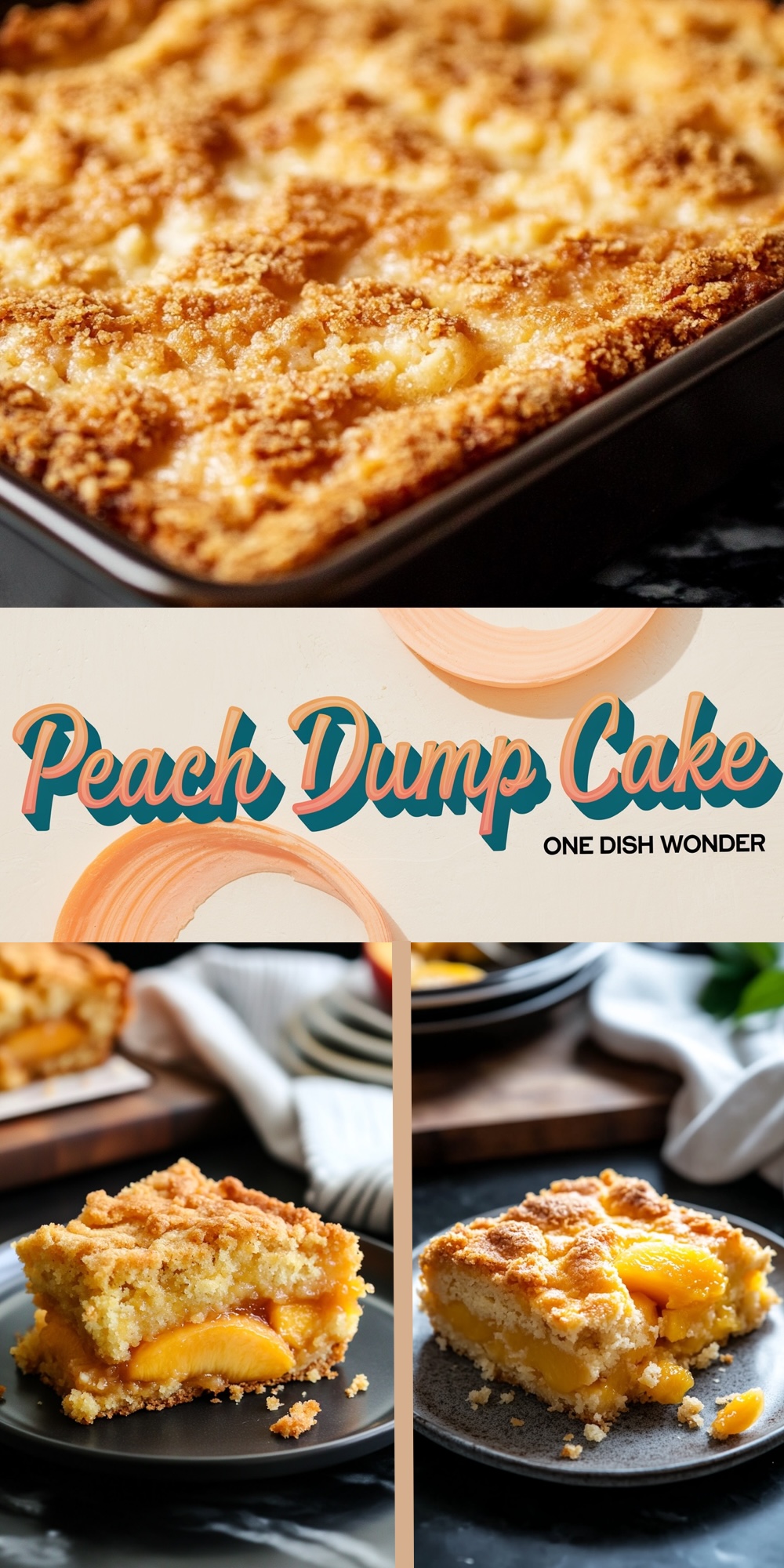 A collage featuring peach dump cake. The top image displays the full cake in a black baking dish, golden and crumbly. The bottom shows two slices plated, highlighting the peach filling and crisp topping.
