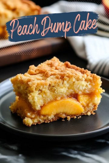 A close-up of a single slice of peach dump cake served on a black plate. The warm peaches, syrupy filling, and crispy buttery topping create a visually appealing dessert perfect for casual or holiday servings.