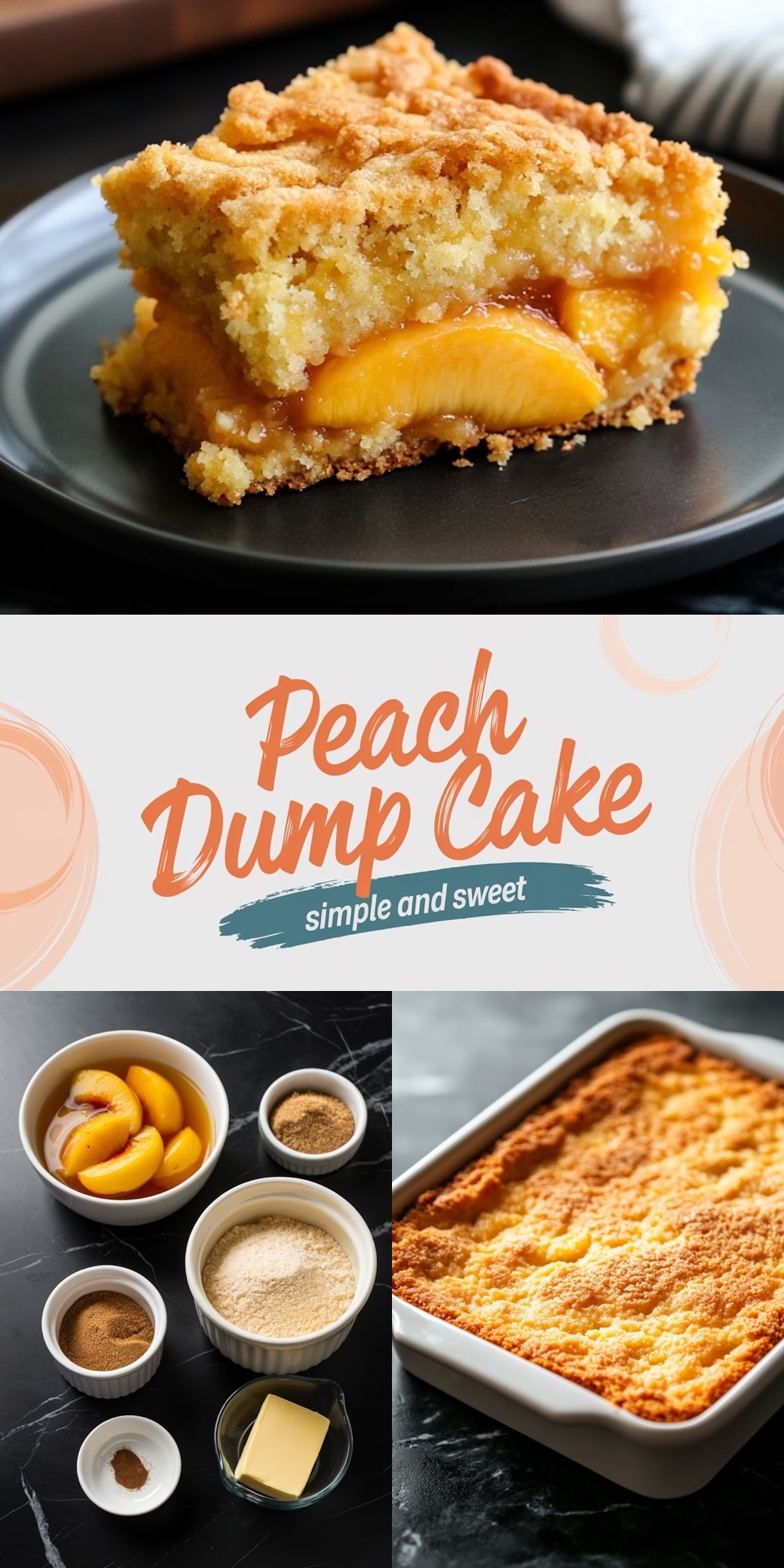A collage showing peach dump cake. The top image highlights a slice on a plate with golden layers and tender peaches. The bottom features ingredients like canned peaches, sugar, flour, cinnamon, and a prepared baking dish with golden brown crust fresh out of the oven.