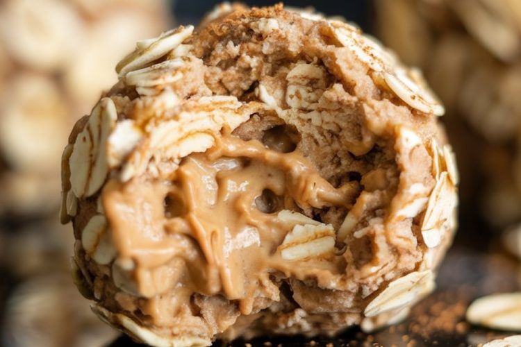 Detailed shot of a peanut butter-filled oatmeal energy ball with a bite taken out, revealing a creamy, rich peanut butter center surrounded by oats and cinnamon.