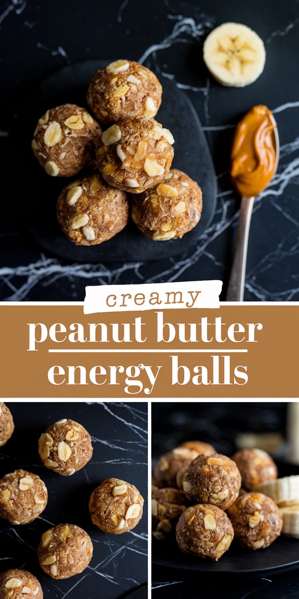Top-down view of creamy peanut butter energy balls arranged on a black plate with scattered oats, banana slices, and a spoon of peanut butter in the background, showcasing a rich, textured surface and natural ingredients.
