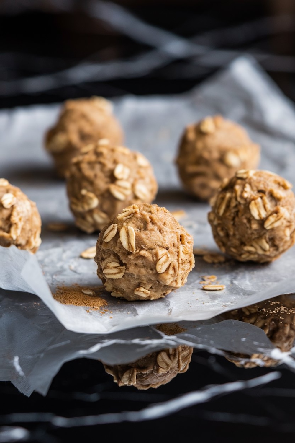 Close-up of homemade oatmeal energy balls placed on parchment paper, garnished with rolled oats and a dusting of cinnamon, highlighting their soft, chewy texture.