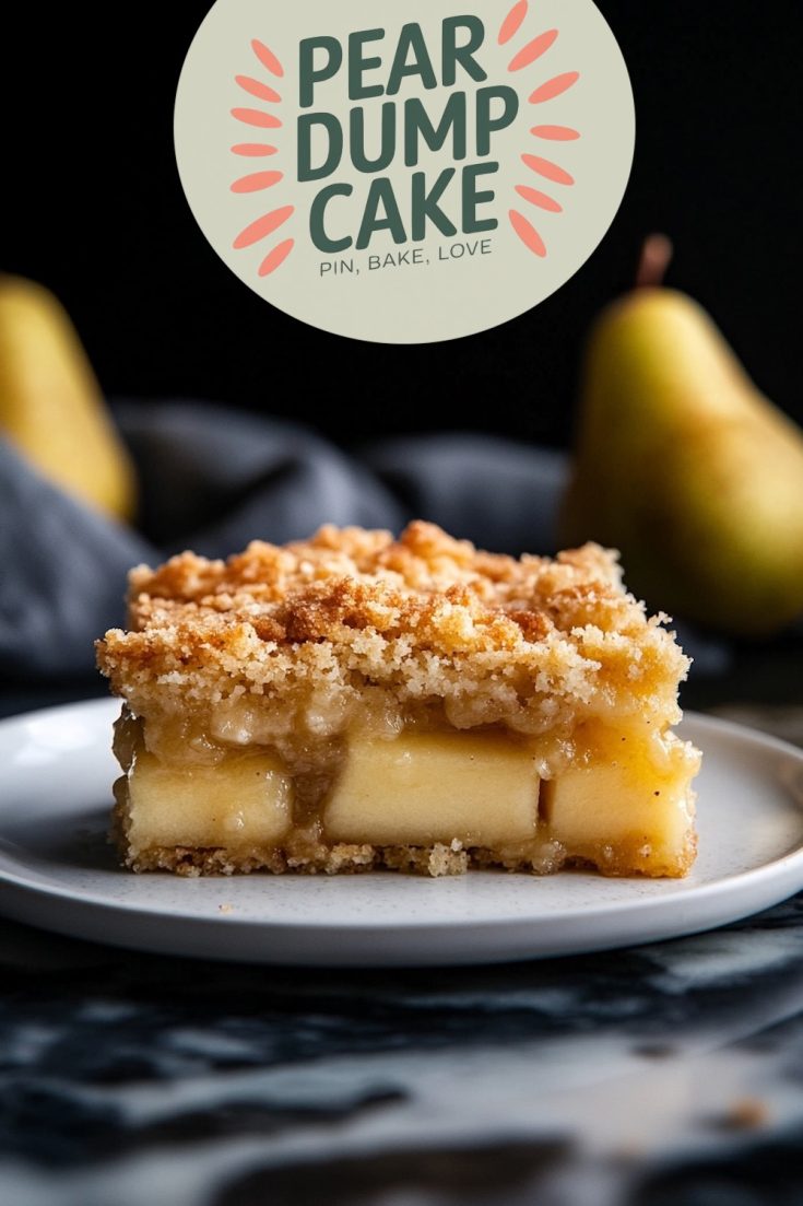A close-up of a slice of pear dump cake on a white plate, showing layers of soft pears and a crisp, buttery crumb topping. Pears in the background complement the dessert. The text overlay reads