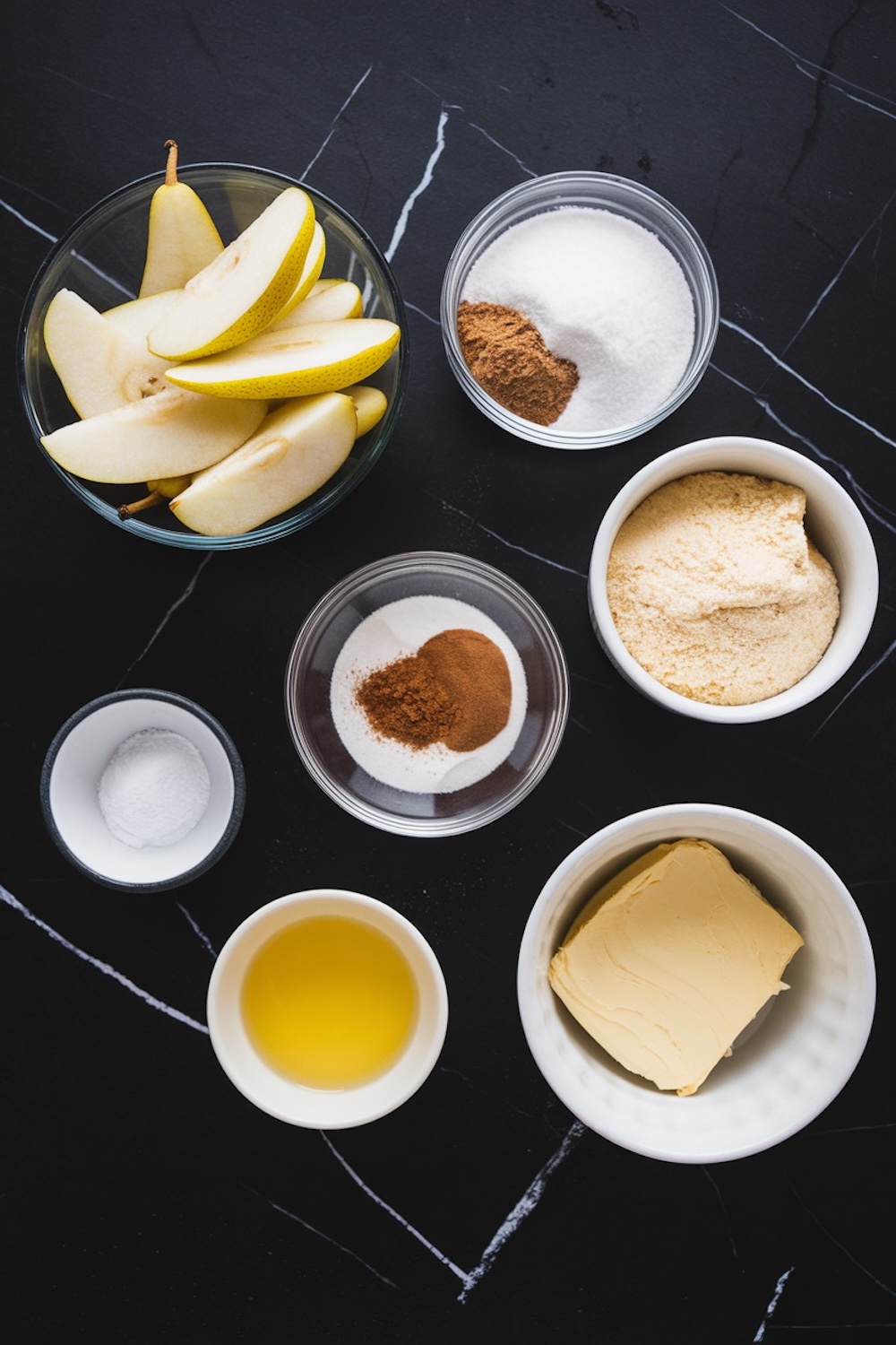 Ingredients for pear dump cake arranged on a black marble surface, including fresh pear slices, sugar, cinnamon, butter, oil, and dry cake mix in small bowls. The setup highlights the simplicity of the recipe.