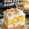 Close-up of a single slice of coconut pineapple dump cake. The dessert showcases layers of golden pineapple, fluffy whipped topping, and a crumbly crust, topped with toasted coconut flakes. Overlay text reads “Coconut Pineapple Dump Cake.”
