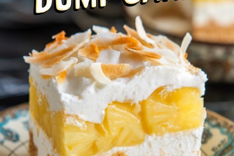 Close-up of a single slice of coconut pineapple dump cake. The dessert showcases layers of golden pineapple, fluffy whipped topping, and a crumbly crust, topped with toasted coconut flakes. Overlay text reads “Coconut Pineapple Dump Cake.”