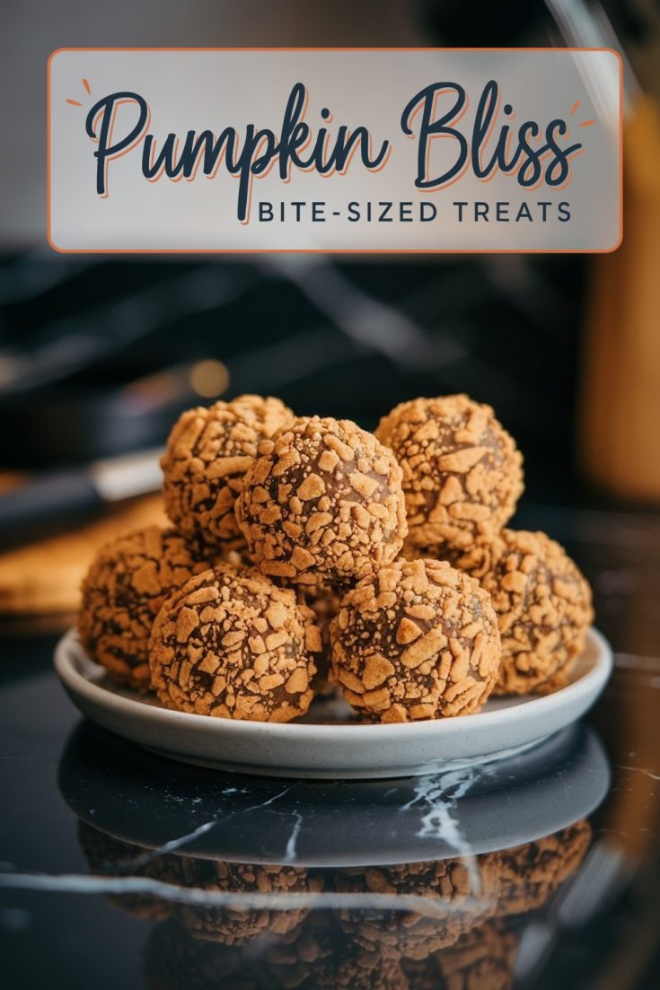 A close-up shot of pumpkin spice balls stacked on a white plate over a reflective black marble surface. The balls have a textured golden coating, emphasizing their bite-sized shape and detailed crumbly exterior.