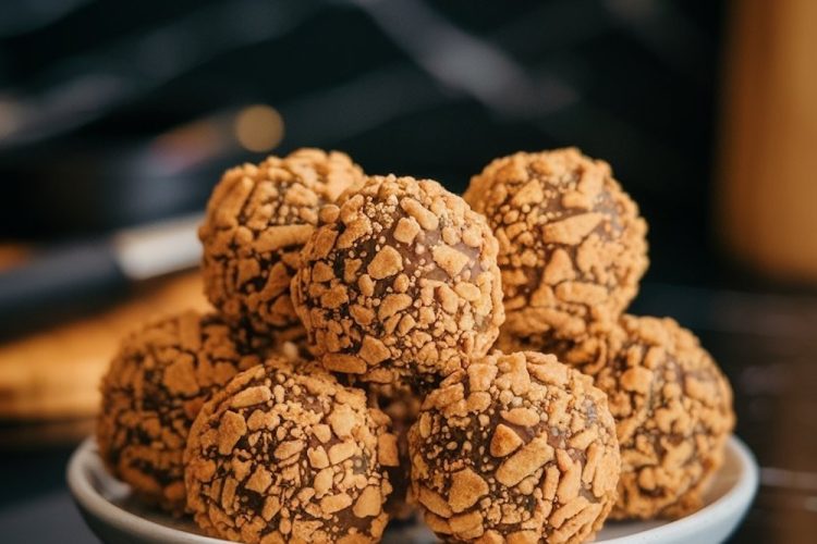 A close-up shot of pumpkin spice balls stacked on a white plate over a reflective black marble surface. The balls have a textured golden coating, emphasizing their bite-sized shape and detailed crumbly exterior.