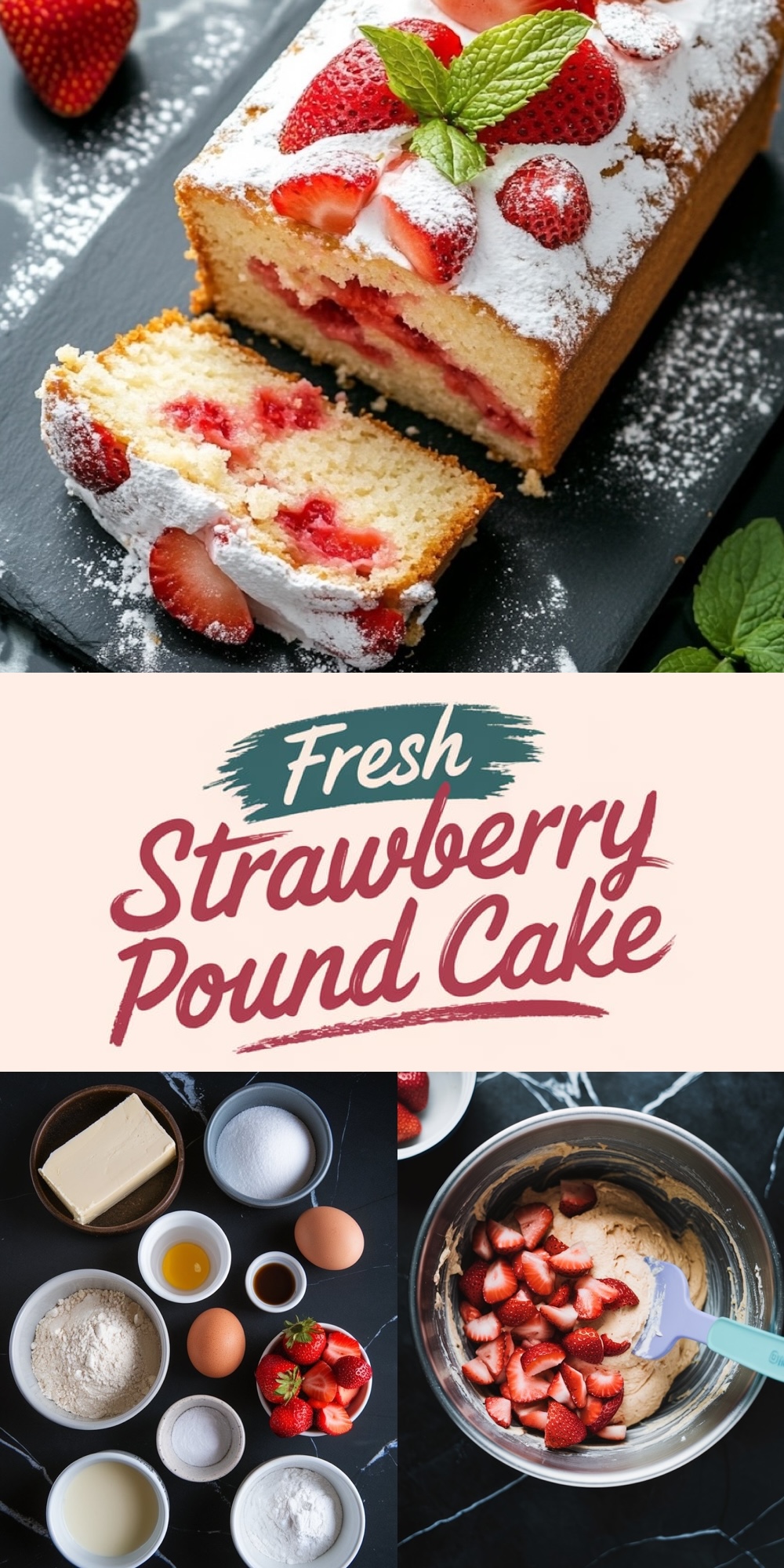 The top image highlights a beautifully garnished strawberry pound cake topped with powdered sugar, fresh strawberries, and a sprig of mint. The bottom showcases the cake ingredients, including butter, sugar, eggs, flour, and fresh strawberries, alongside a mixing bowl filled with cake batter and strawberry chunks. Overlay text reads “Fresh Strawberry Pound Cake.”