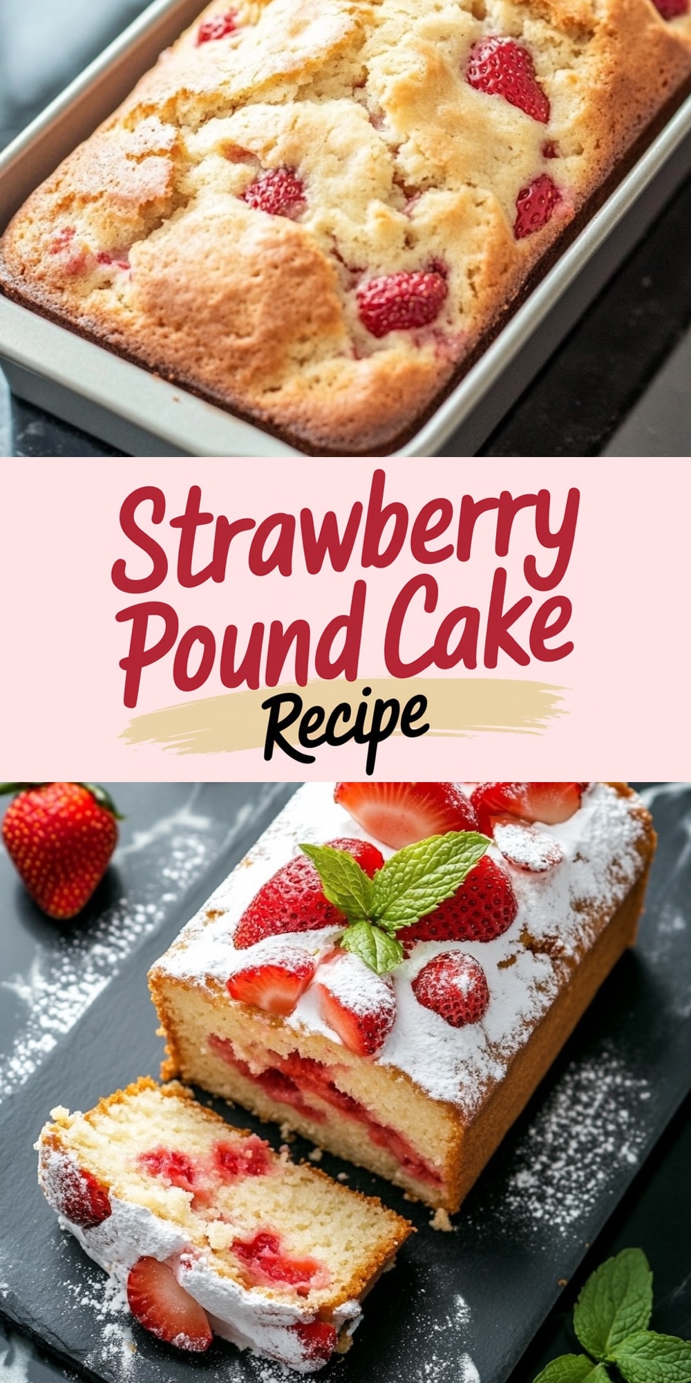 The top showcases a fresh strawberry pound cake loaf in a baking pan. The bottom features the cake dusted with powdered sugar, garnished with strawberries and mint leaves on a slate platter, with a slice cut out revealing layers of strawberries. Overlay text reads “Strawberry Pound Cake Recipe.”