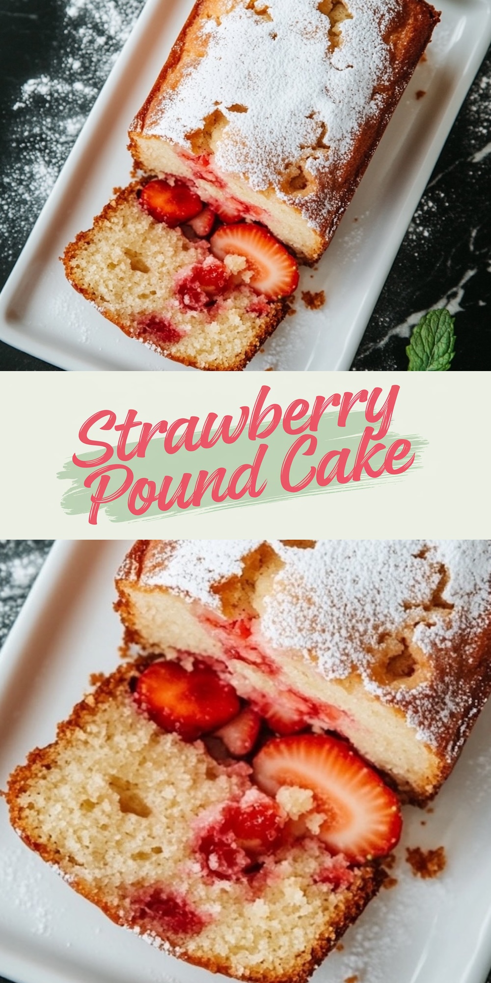Two close-up views of strawberry pound cake on a white plate. The top shows the loaf dusted with powdered sugar and sliced to reveal fresh strawberries baked into the cake. The bottom focuses on a single slice with soft, fluffy texture and vibrant strawberry chunks. Overlay text reads “Strawberry Pound Cake.”