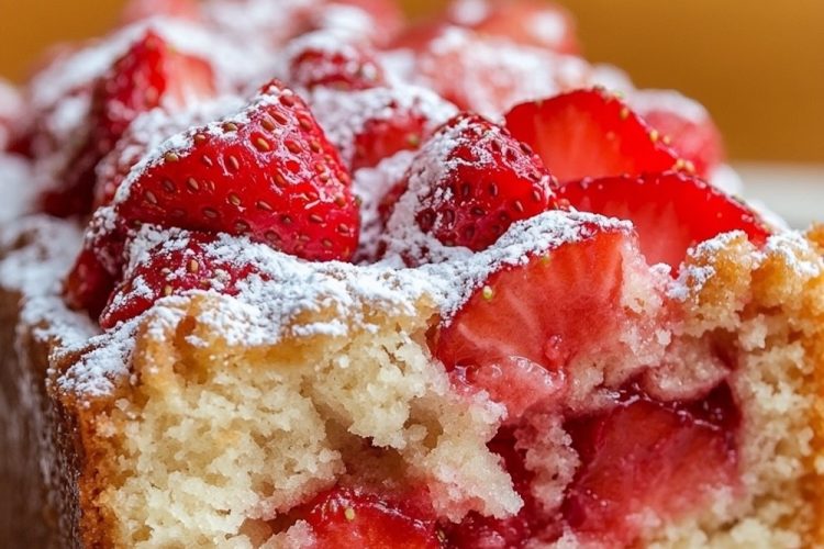 Close-up of a strawberry pound cake slice with fresh strawberries embedded in the soft, fluffy cake, topped with powdered sugar. The cake has juicy red strawberries throughout, creating a vibrant and moist texture. Overlay text reads “Strawberry Pound Cake.”
