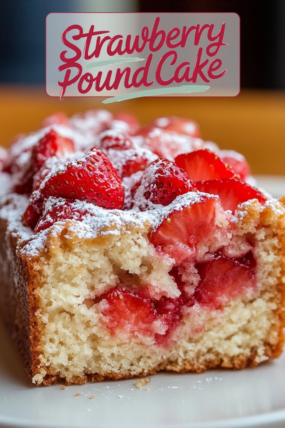 Close-up of a strawberry pound cake slice with fresh strawberries embedded in the soft, fluffy cake, topped with powdered sugar. The cake has juicy red strawberries throughout, creating a vibrant and moist texture. Overlay text reads “Strawberry Pound Cake.”