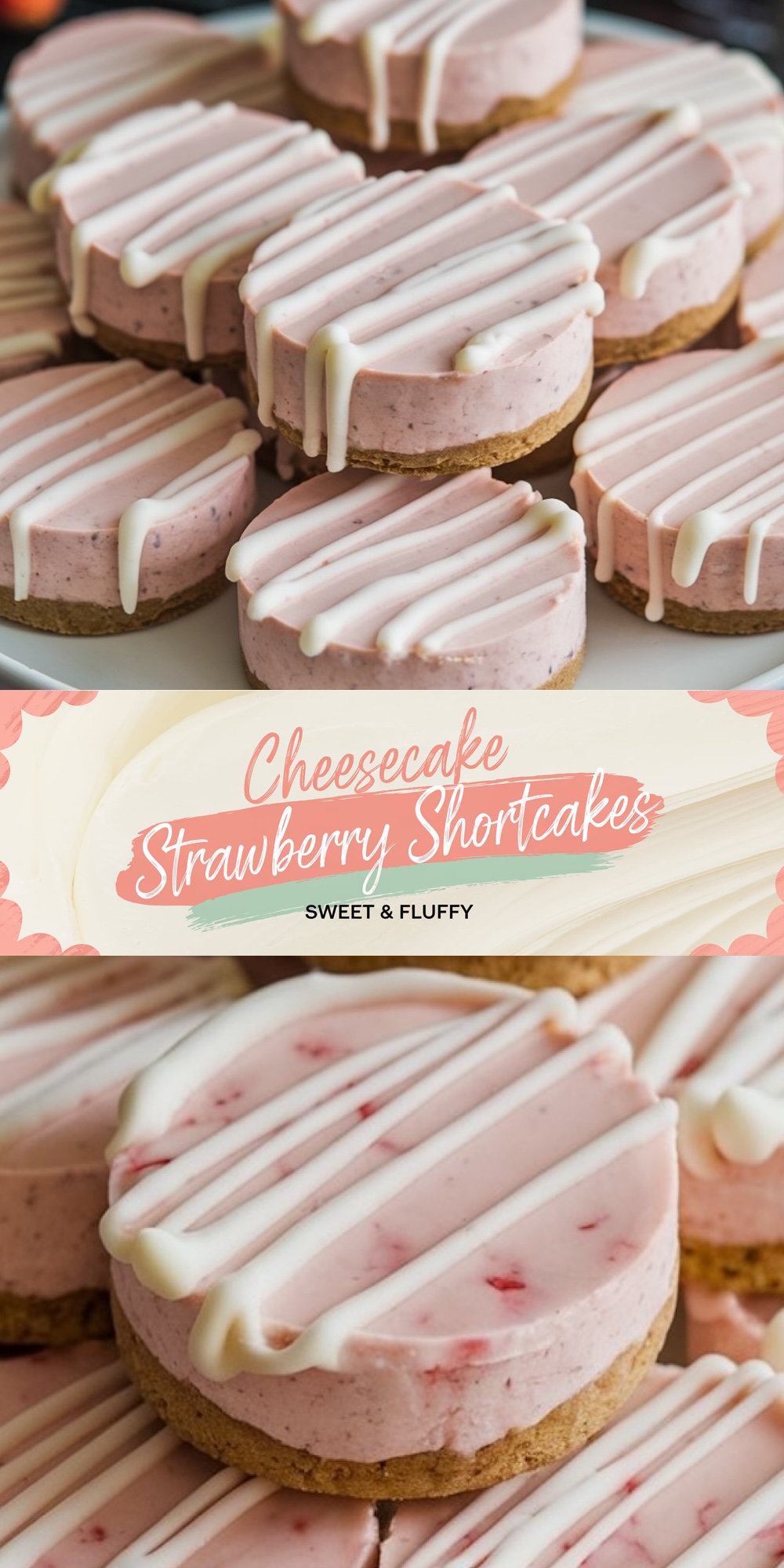 A collage focusing on cheesecake strawberry shortcakes. The top image shows a plateful of the desserts with their pink filling and icing drizzle. The bottom close-up highlights the intricate details of the creamy texture and vibrant strawberry pieces.