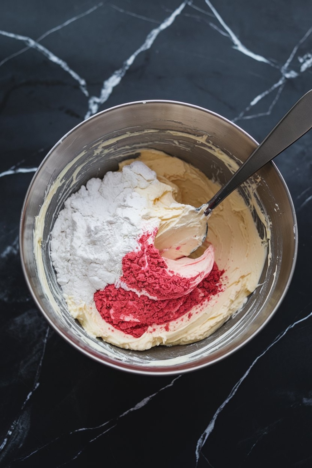 Mixing process for the filling in a stainless steel bowl, combining cream cheese, powdered sugar, and freeze-dried strawberries to form a smooth pink mixture.