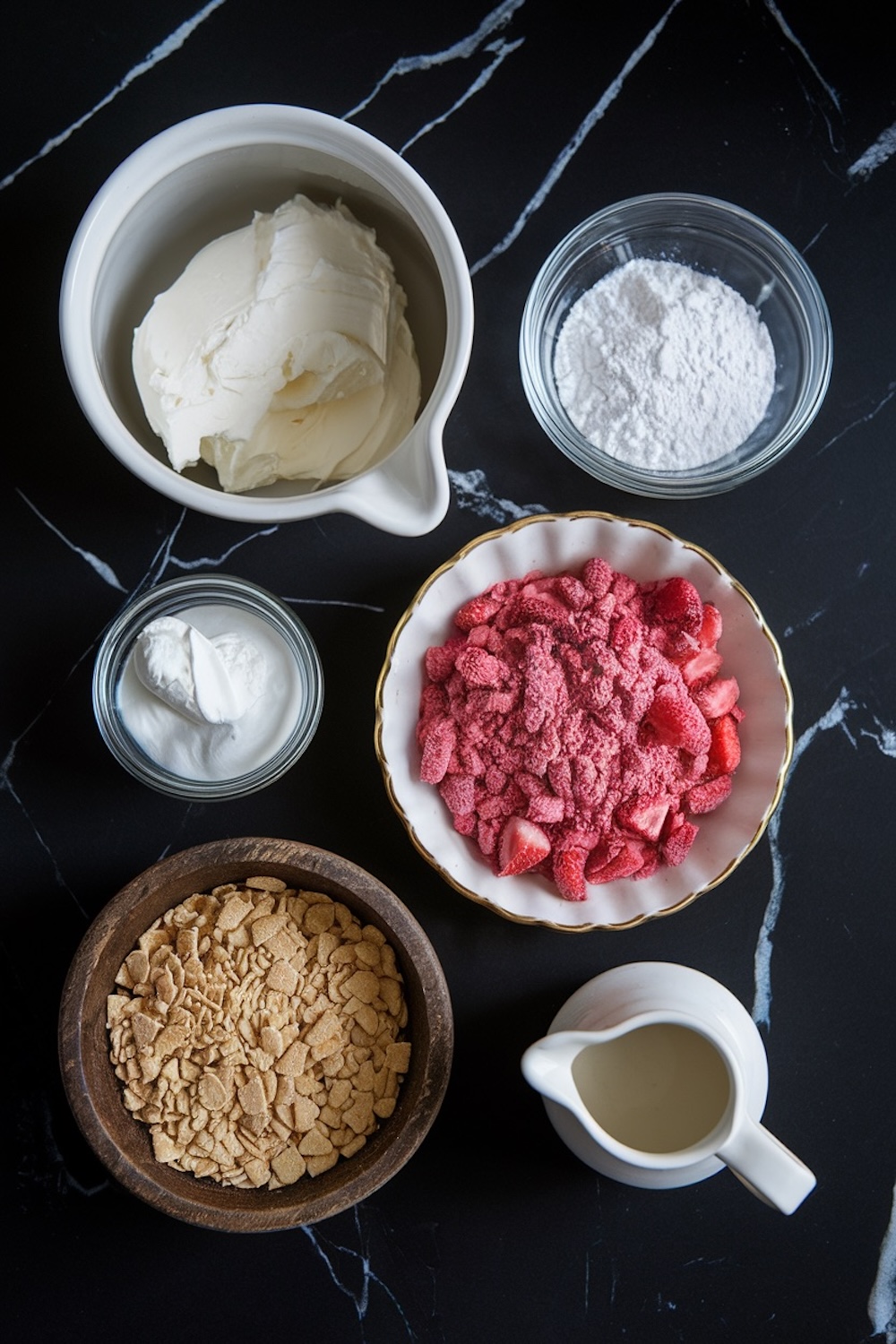 Flat lay of ingredients for strawberry shortcake balls on a black marble surface, including cream cheese, powdered sugar, whipped cream, freeze-dried strawberries, crushed cereal, and a small pitcher of milk.