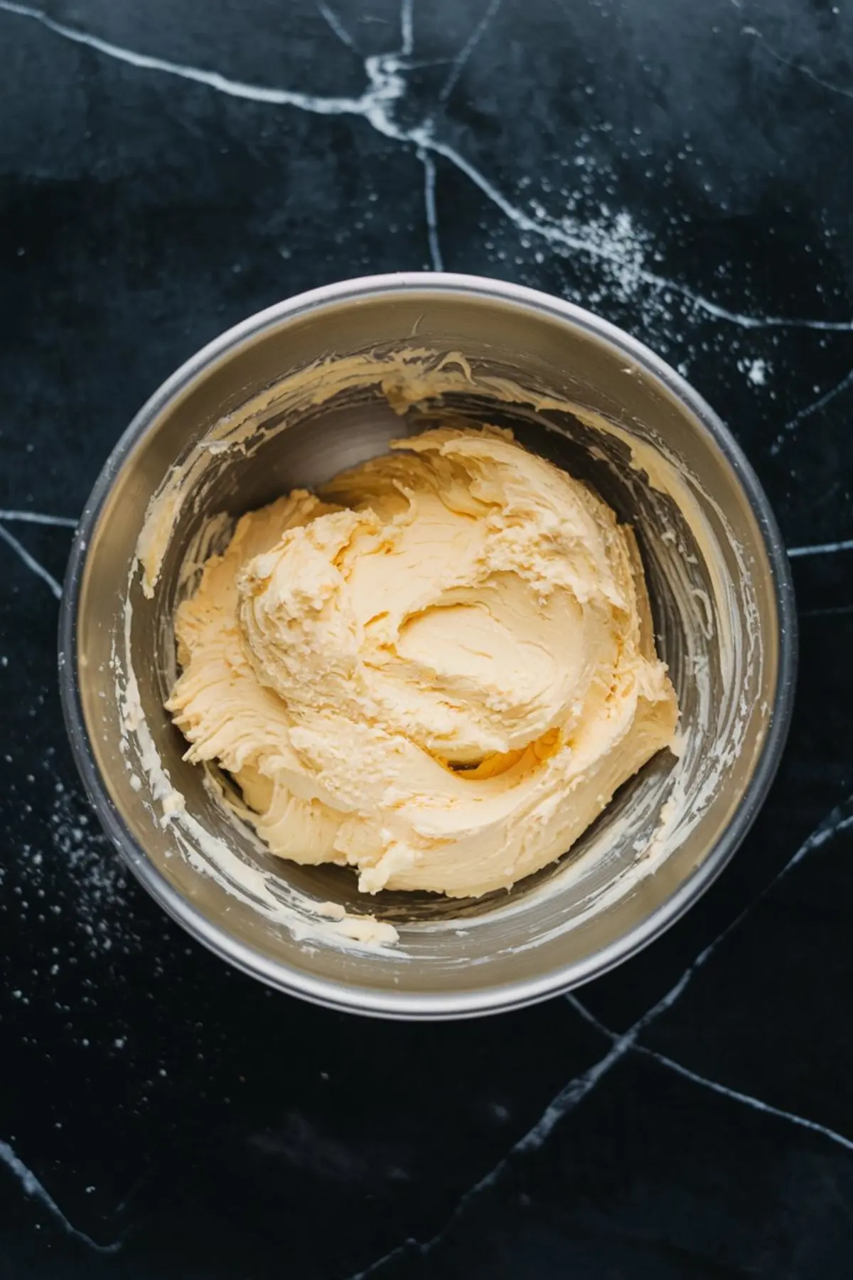 Creamed butter and sugar mixture in a stainless steel mixing bowl, with a fluffy, pale yellow texture on a black marble countertop, part of the vanilla pound cake preparation process.
