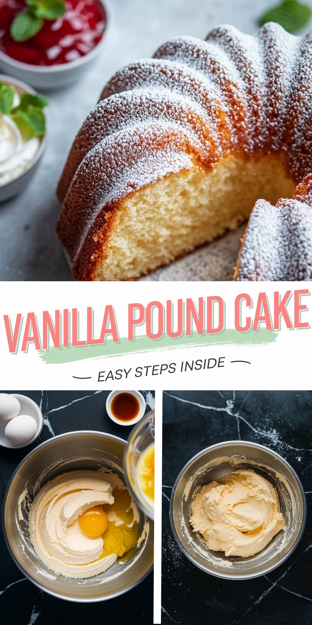 A collage featuring the bundt vanilla pound cake dusted with powdered sugar and the cake batter preparation process. Text overlay reads "Vanilla Pound Cake - Easy Steps Inside," highlighting the recipe's simplicity.