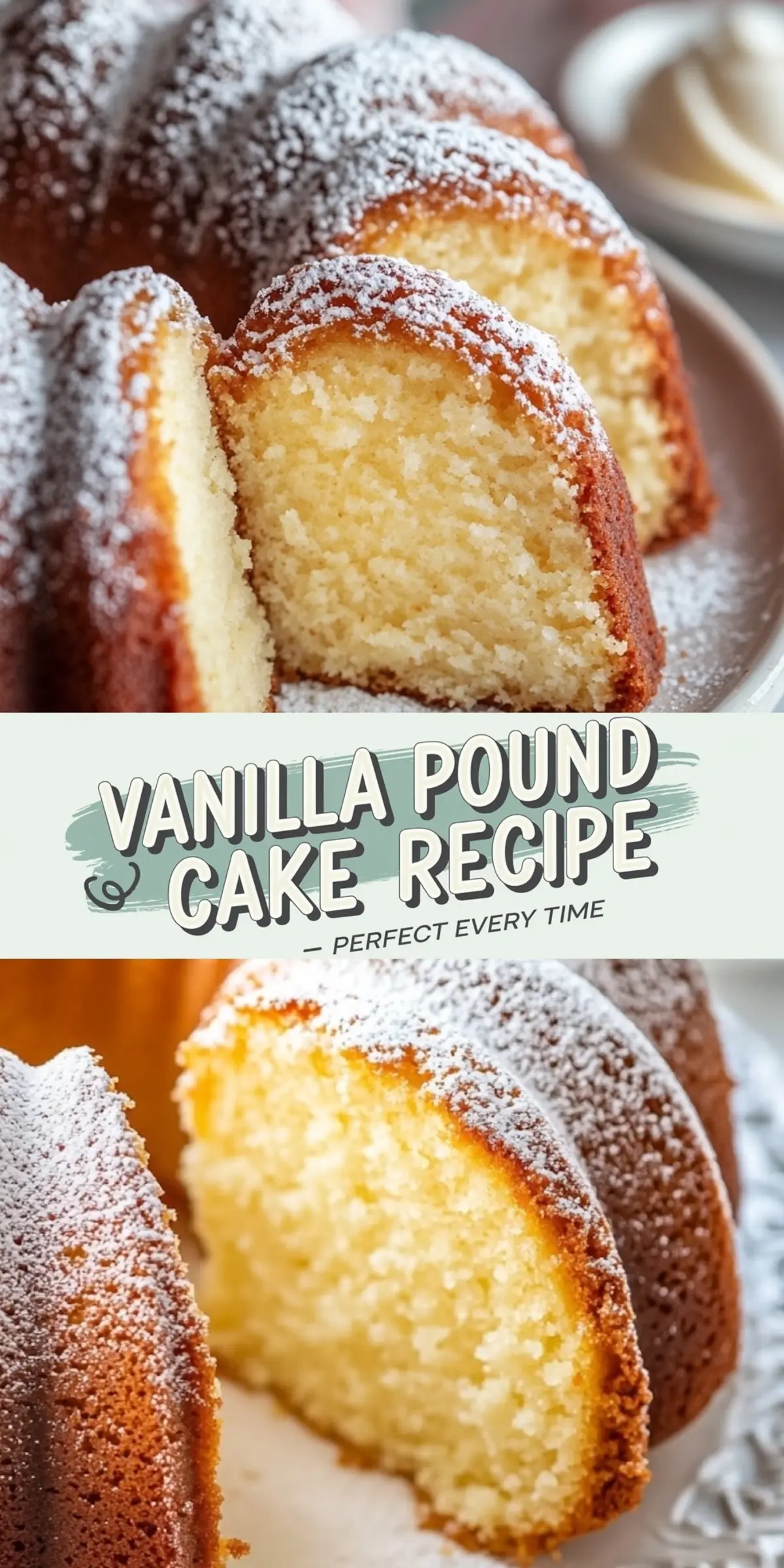 A close-up of a vanilla pound cake with a slice removed, showcasing its golden, tender crumb. Powdered sugar tops the cake, and blurred details of whipped cream in a bowl enhance the cozy, homemade feel.