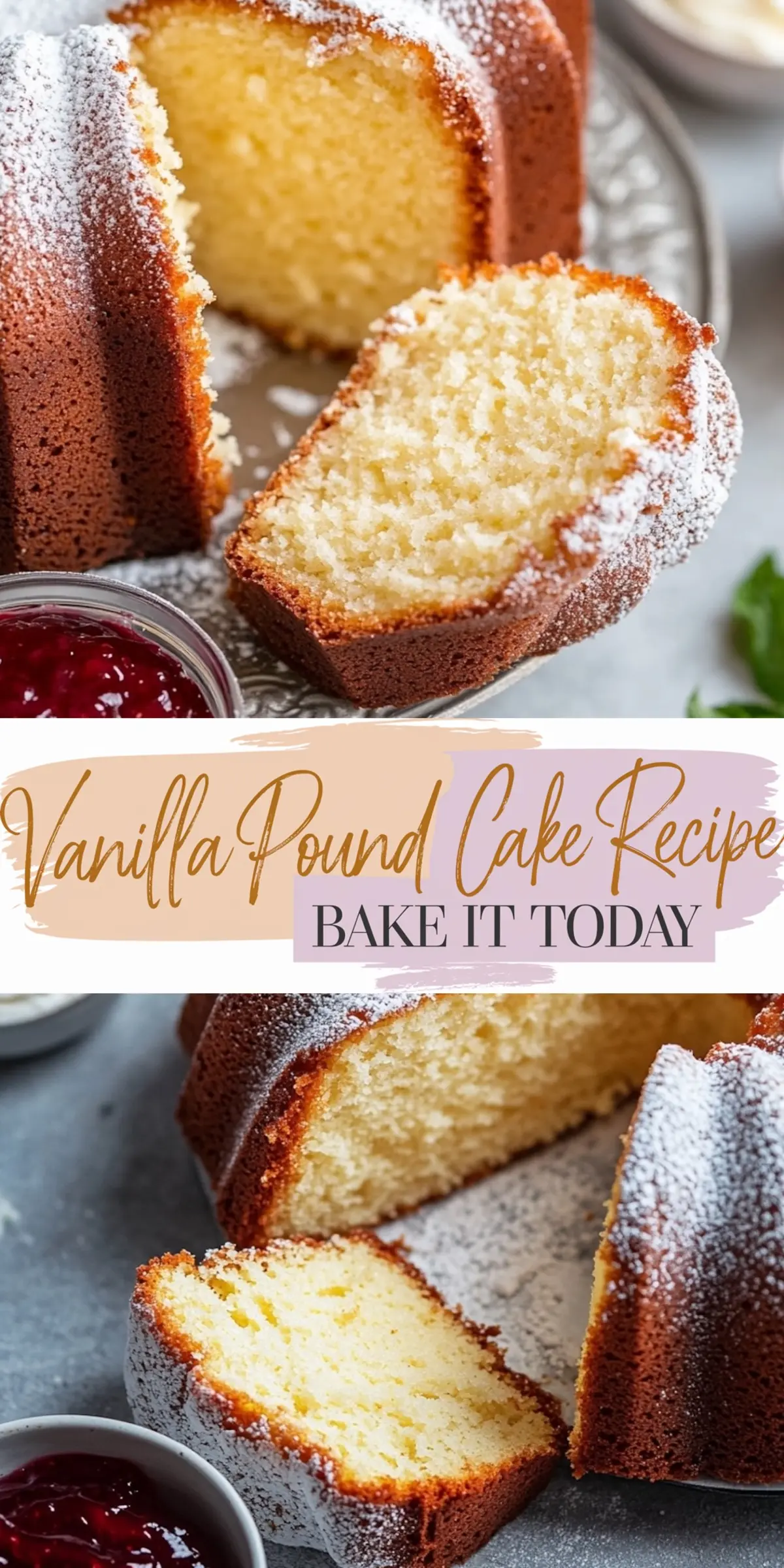 A collage with a sliced vanilla pound cake dusted in powdered sugar, emphasizing its soft, golden texture. Text overlay reads "Vanilla Pound Cake Recipe - Bake It Today" in a stylish design.