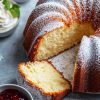A golden bundt-style vanilla pound cake with a slice cut out, showcasing its moist, fluffy interior. The cake is dusted with powdered sugar and surrounded by small bowls of whipped cream, strawberry jam, and garnished with fresh mint leaves.