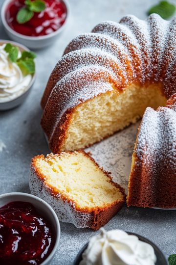 A golden bundt-style vanilla pound cake with a slice cut out, showcasing its moist, fluffy interior. The cake is dusted with powdered sugar and surrounded by small bowls of whipped cream, strawberry jam, and garnished with fresh mint leaves.