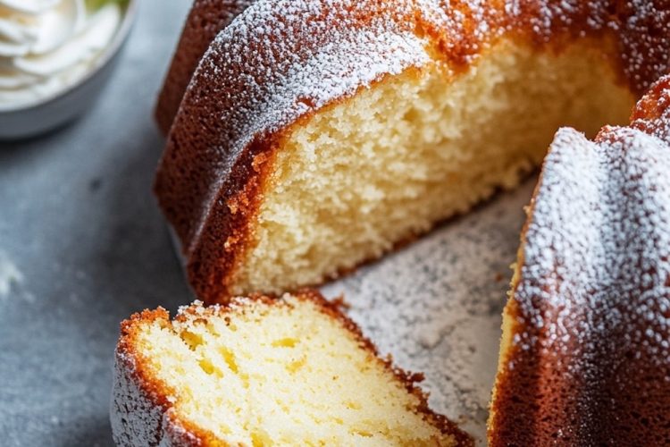 A golden bundt-style vanilla pound cake with a slice cut out, showcasing its moist, fluffy interior. The cake is dusted with powdered sugar and surrounded by small bowls of whipped cream, strawberry jam, and garnished with fresh mint leaves.