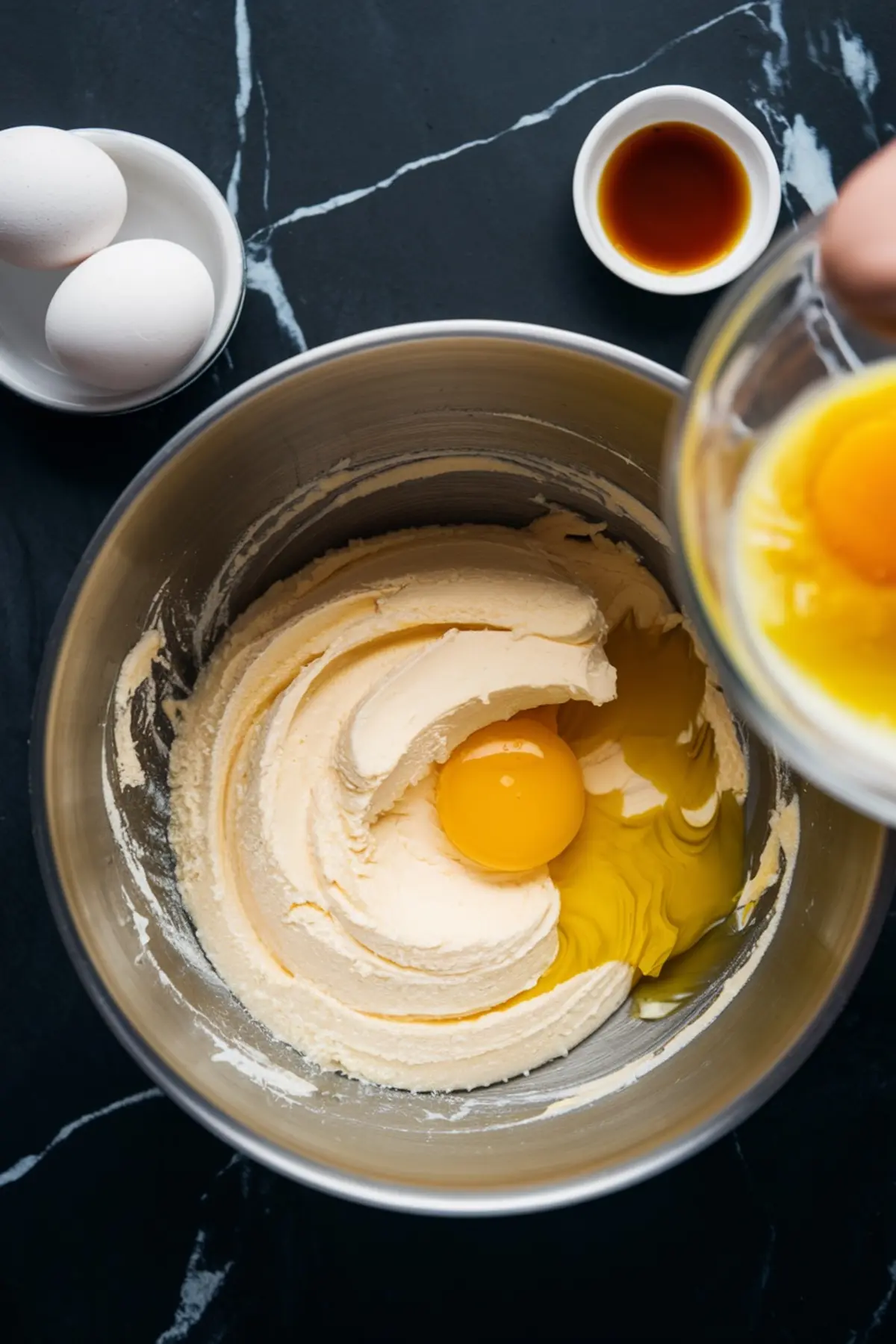 A close-up of pound cake batter preparation in a mixing bowl. A fresh egg is being added to a creamy batter, with ingredients like eggs and vanilla extract placed nearby on a dark marble surface.