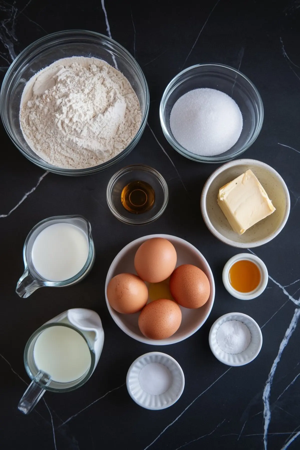 Flat lay of vanilla pound cake ingredients on a black marble surface, including all-purpose flour, granulated sugar, unsalted butter, whole eggs, whole milk, heavy cream, vanilla extract, baking powder, baking soda, and salt arranged in glass and ceramic bowls.
